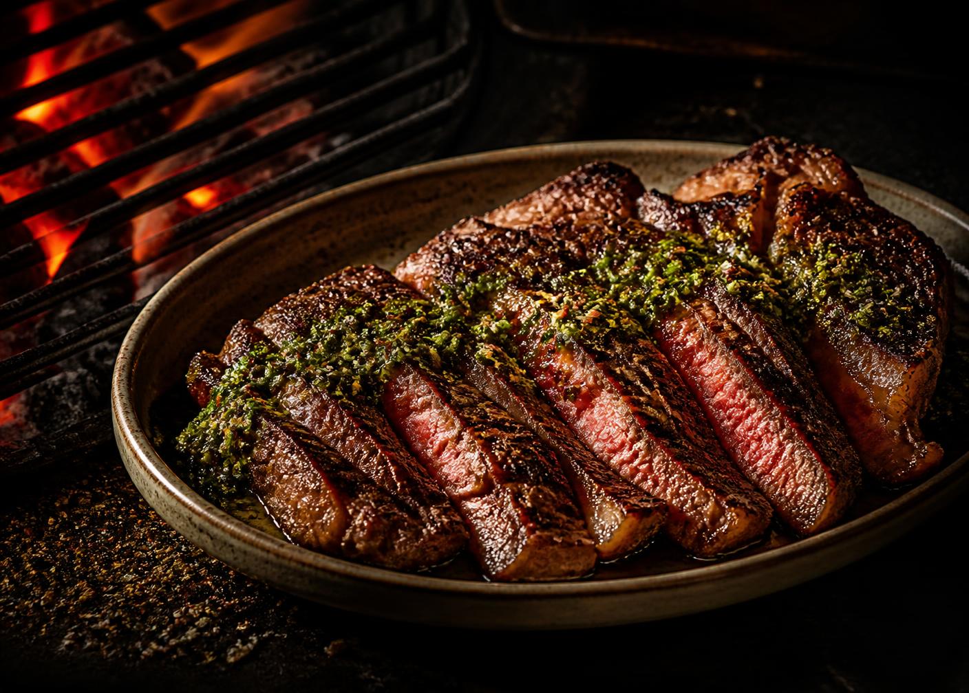 Entrecot fatiado com chimichurri servido ao lado da parrilla