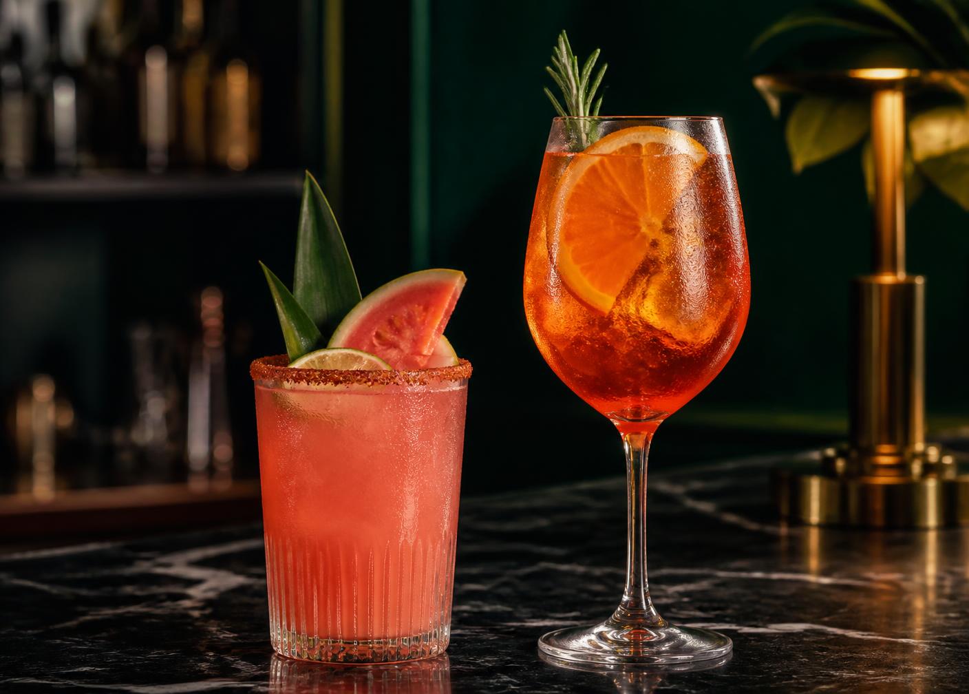 Drink de goiaba e spritz servidos no balcão do bar